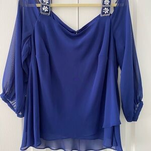 Alex Evenings Royal Blue Blouse with Floral Accents